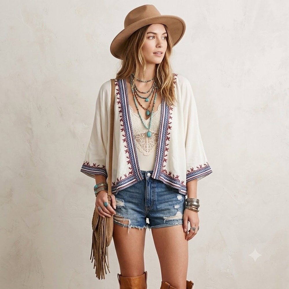 Forever 21 Kimono Top Womens Ivory Medium Embroidered Open Front Rayon NWT